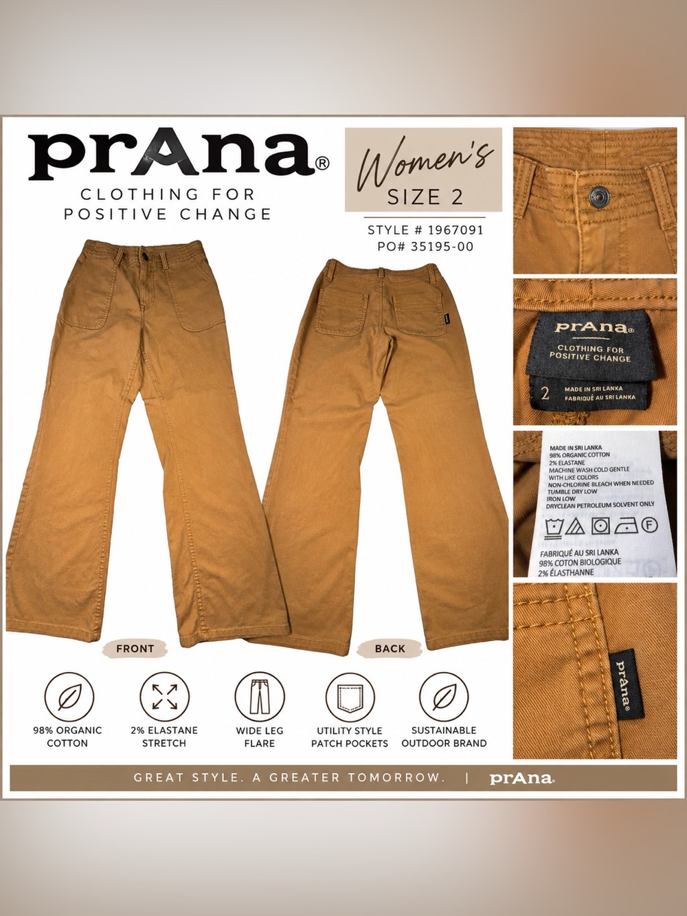 PrAna Sancho Slim Pants Women’s Size 2 Brown Mustard #1967091